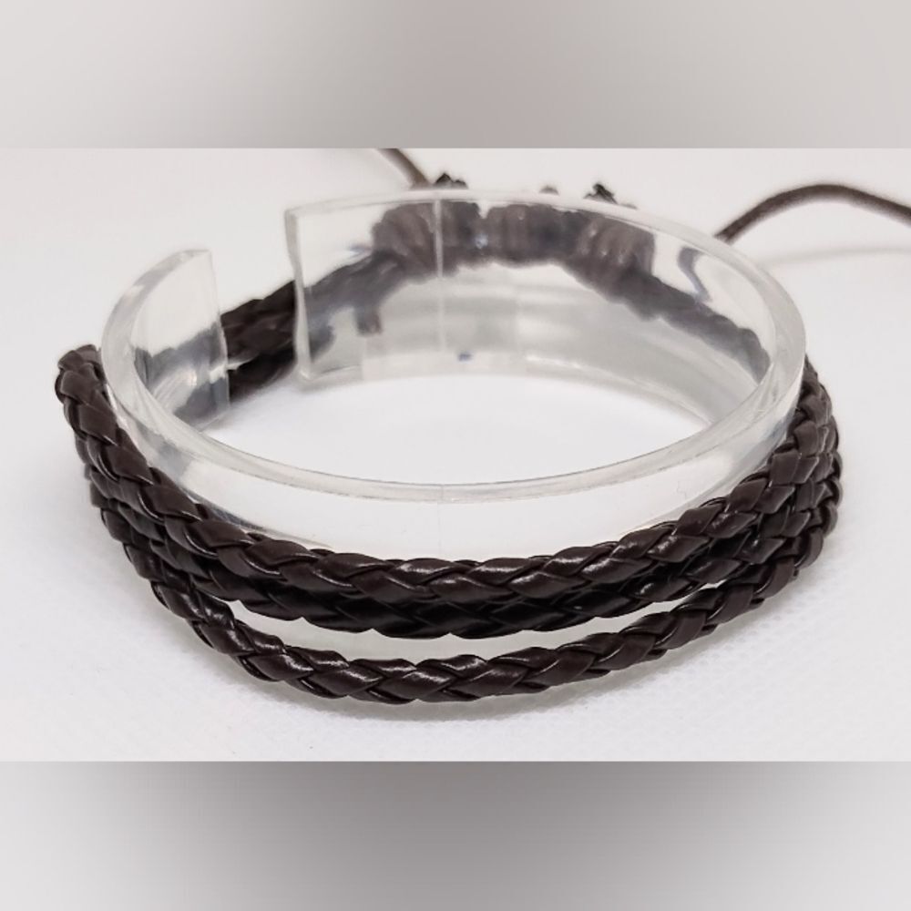 Men's bracelet leather braided layered brown new e77